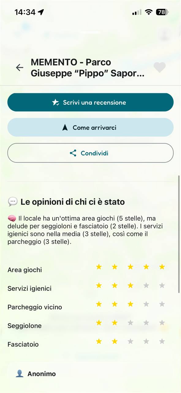 Screenshot app BimboMap – dettaglio parco con servizi, fascia d'età e valutazioni genitori