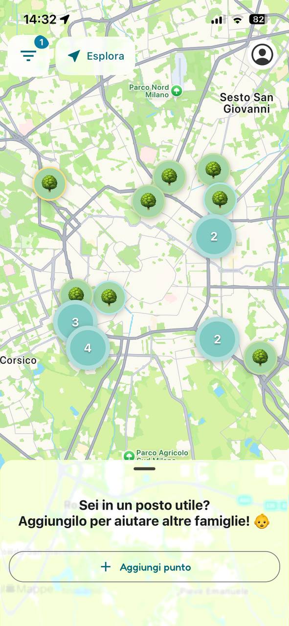 Screenshot app BimboMap – mappa con parchi per famiglie geolocalizzati vicino a te